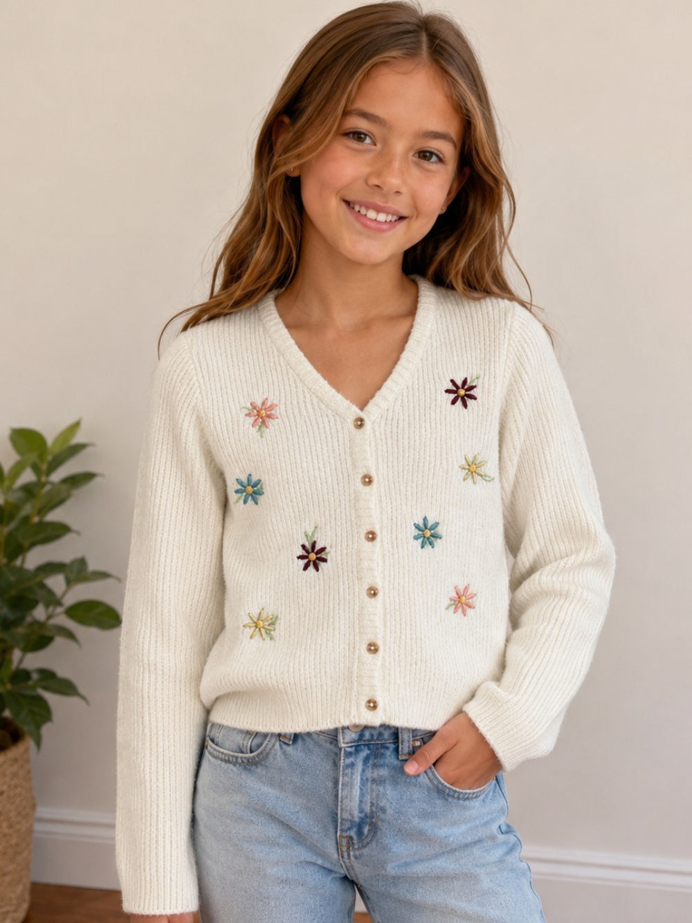 LC Waikiki Kids Floral Embroidered Cardigan Sweater Cream Ribbed Size 10-11Y